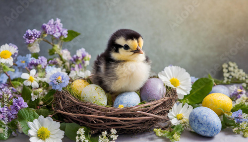 Cute chick in an easter nest with easter eggs and spring flowers © Naji