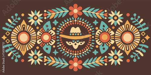 Mexican background festive backdrop for festival Cinco de mayo. Mexico poster. Vibrant and symmetrical illustration inspired by traditional mexican folk art, featuring floral and sun motifs