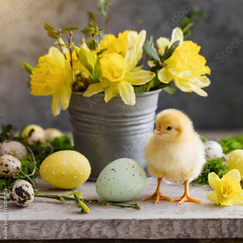 A cute little chicken on the table, Easter eggs, Easter celebration, yellow flowers, spring. © Naji
