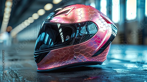 Motorcycle helmet with pink hexagon pattern. On the floor of a warehouse, blurry background