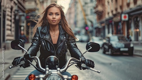 Stylish girl biker with leather jacket in the city street photo