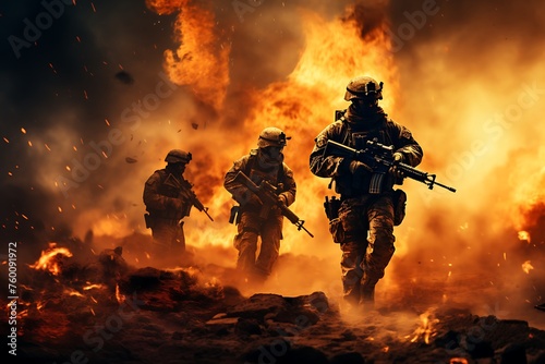 Soldiers in action with guns in the fire. Selective focus