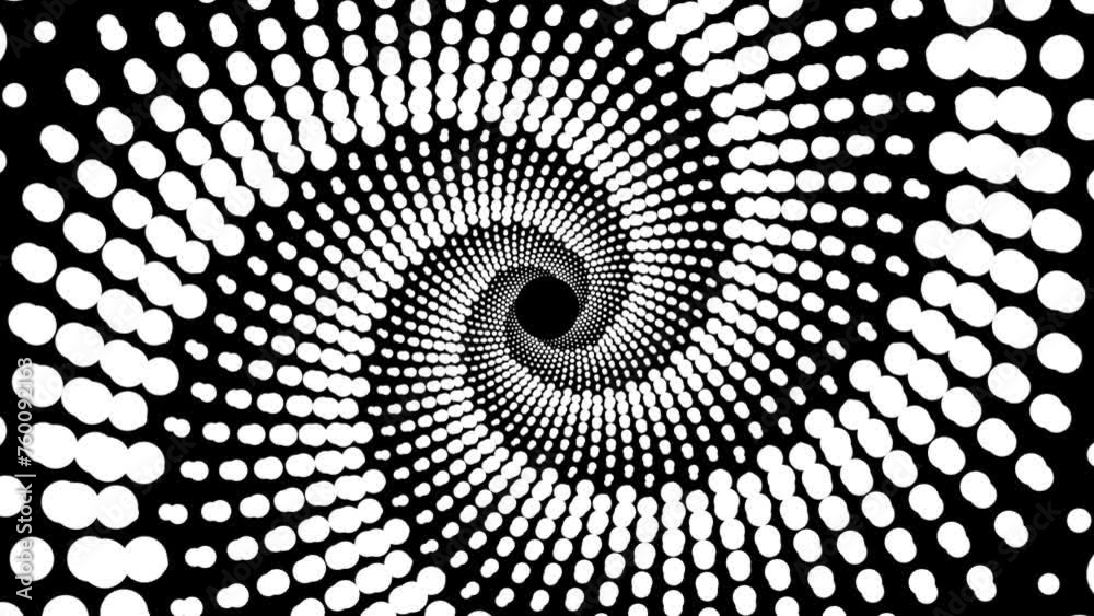 Hypnotic Black and White Spiral Optical Illusion dot Pattern. Abstract Geometric tunnel Animated Background. 4K Loop Animation