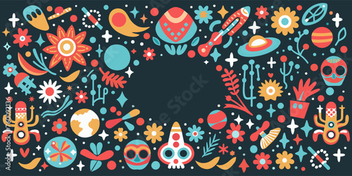 Mexican background festive backdrop for festival Cinco de mayo. Mexico poster. Vibrant vector-designed frame with space motifs, perfect for festive and educational uses