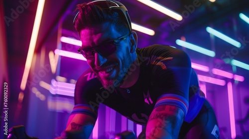 Man Cycling Through Neon Light Tunnel