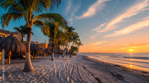 Paradis d'été : une belle plage au Mexique avec des palmiers et un ciel ensoleillé photo