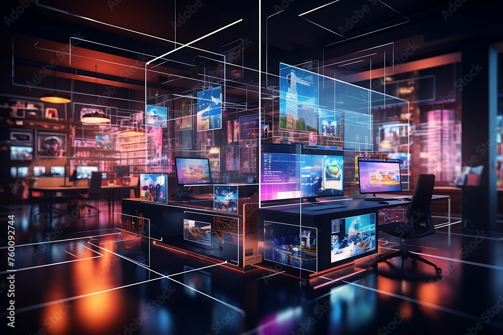 Modern office interior with city view, computer monitors and . 3D rendering Modern office interior with city view, computer monitors and . 3D rendering