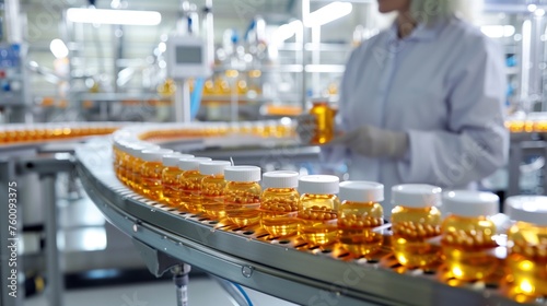 Woman Inspecting Conveyor Belt With Bottles