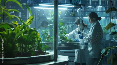 Biotechnologist in Lab Coat With Plants