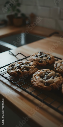 Cookies de Chocolate Recémassados Esfriando na Grade de Arame photo