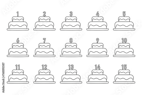 set of birthday cakes with number on top, editable stroke anniversary icons, celebration party cake for greeting card, age year candle, black line vector illustration