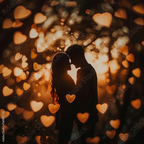 silhouette of a couple surrounded by warm, heart-shaped bokeh lights