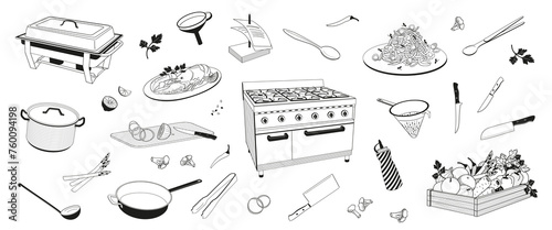set  elements about cooking in a restaurant, pot, frying pan, colander, vegetables, knives, gas stove