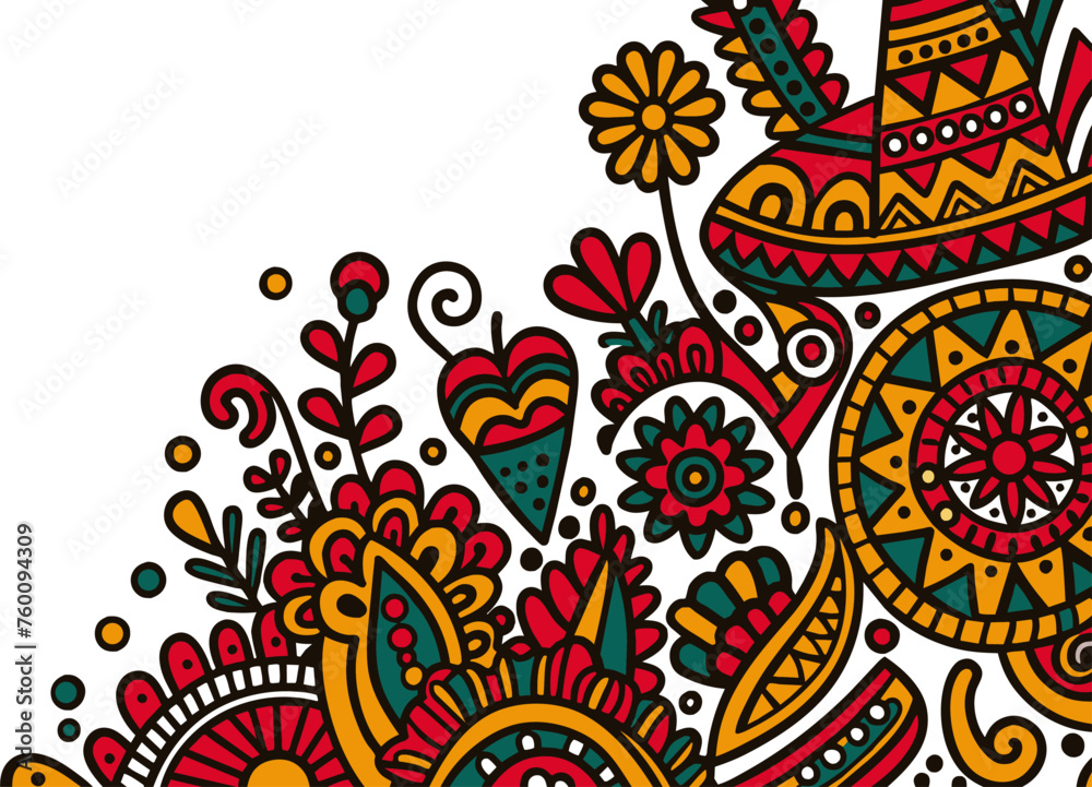 Mexican background festive backdrop for festival Cinco de mayo. Mexico poster. Vibrant, ethnic pattern with floral and geometric elements Mexican background festive backdrop for festival Cinco de mayo. Mexico poster. Vibrant, ethnic pattern with floral and geometric elements
