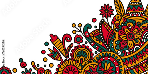 Mexican background festive backdrop for festival Cinco de mayo. Mexico poster. Intricate and colorful border with ethnic floral patterns