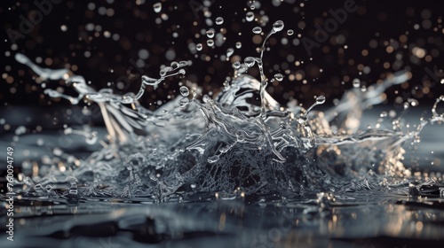 A high-speed capture of a dynamic water splash, with detailed droplets frozen against a dark, bokeh background