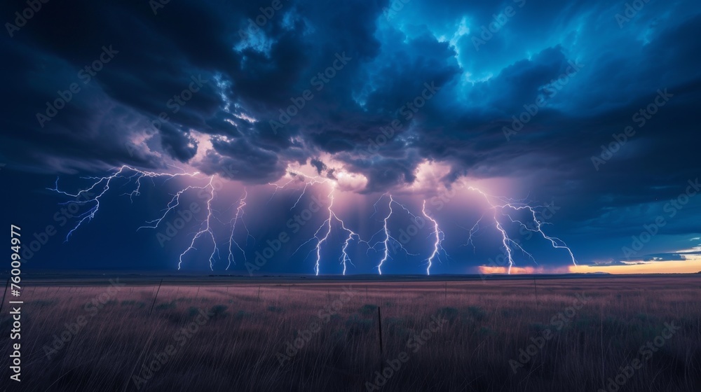 A breathtaking display of nature's fury with multiple lightning bolts striking down amidst dark, ominous clouds over a serene grassland