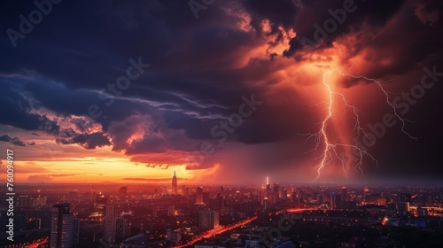 An urban skyline stands against the dramatic scene of an impending thunderstorm with striking lightning bolts