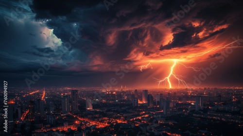 Dramatic view of a lightning bolt striking amidst the cityscape under ominous stormy clouds at night