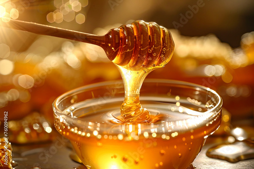 Fresh, transparent honey flows from a wooden spoon into a plate