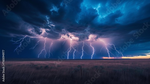 A breathtaking display of nature's fury with multiple lightning bolts striking down amidst dark, ominous clouds over a serene grassland