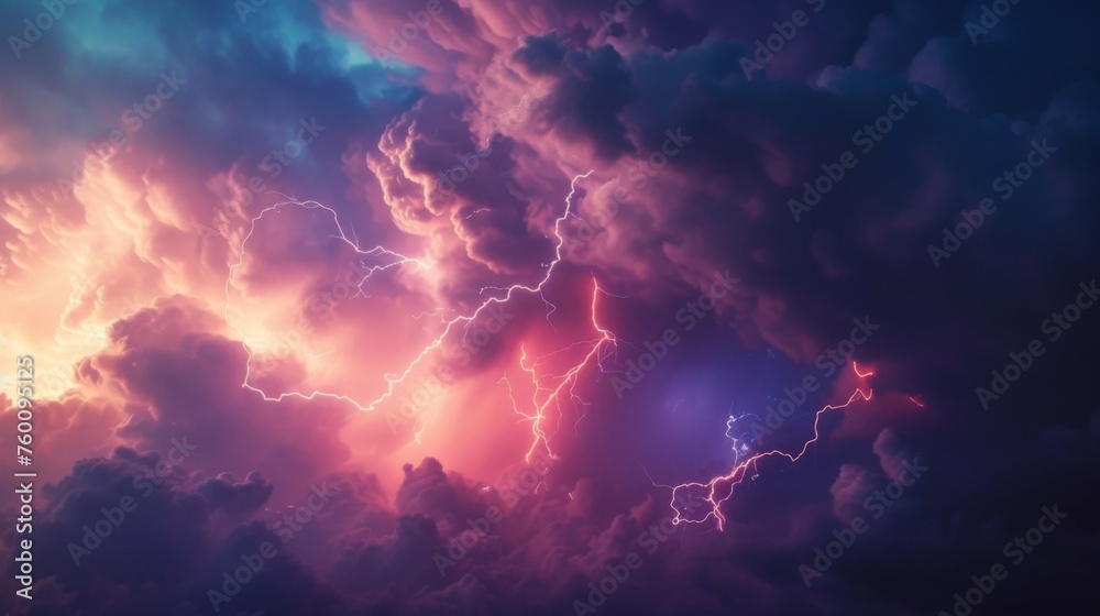 Ethereal clouds in shades of blue and pink conceal lightning bolts, creating a mythical atmosphere that invites wonder and awe - obrazy, fototapety, plakaty 