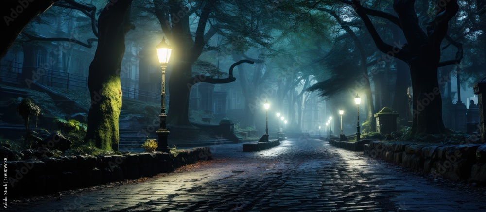 Scary foggy alley in the old town at night. Halloween concept