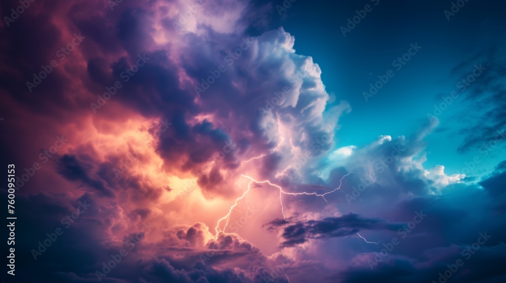 A captivating scene of a thunderstorm showcasing multiple vibrant lightning bolts against a serene blue background