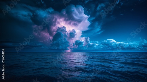 Ethereal lightning bolt piercing through a serene and colorful sky above a calm ocean  depicting tranquility meets chaos