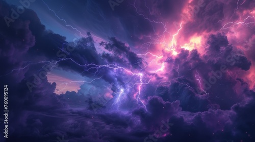 Striking violet and pink hues electrify the sky in this fantasy-inspired cloudscape featuring powerful lightning bolts