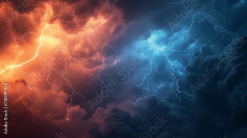 A dramatic display of a lightning storm with clouds illuminated with a fiery orange and red glow, depicting power and intensity