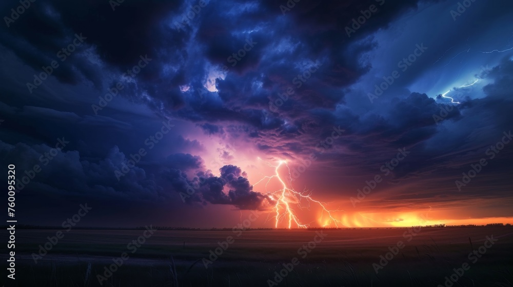 A lone lightning bolt strikes the heart of a prairie against a backdrop of fiery sunset skies, symbolizing raw natural power A lone lightning bolt strikes the heart of a prairie against a backdrop of fiery sunset skies, symbolizing raw natural power