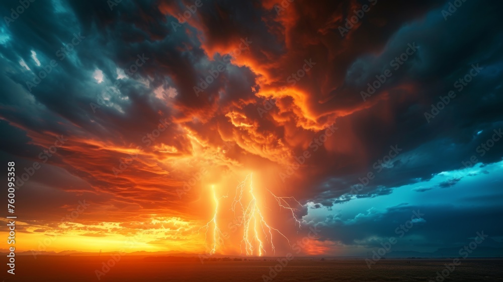 A surreal scene unfolds as a powerful lightning strike cuts through the fiery orange and red clouds, casting an otherworldly glow on the landscape below