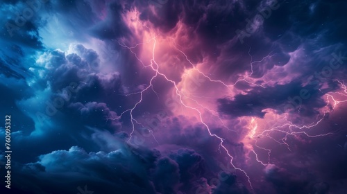 An otherworldly scene of an electrical storm, with vivid lightning against a backdrop of swirling clouds and cosmic colors