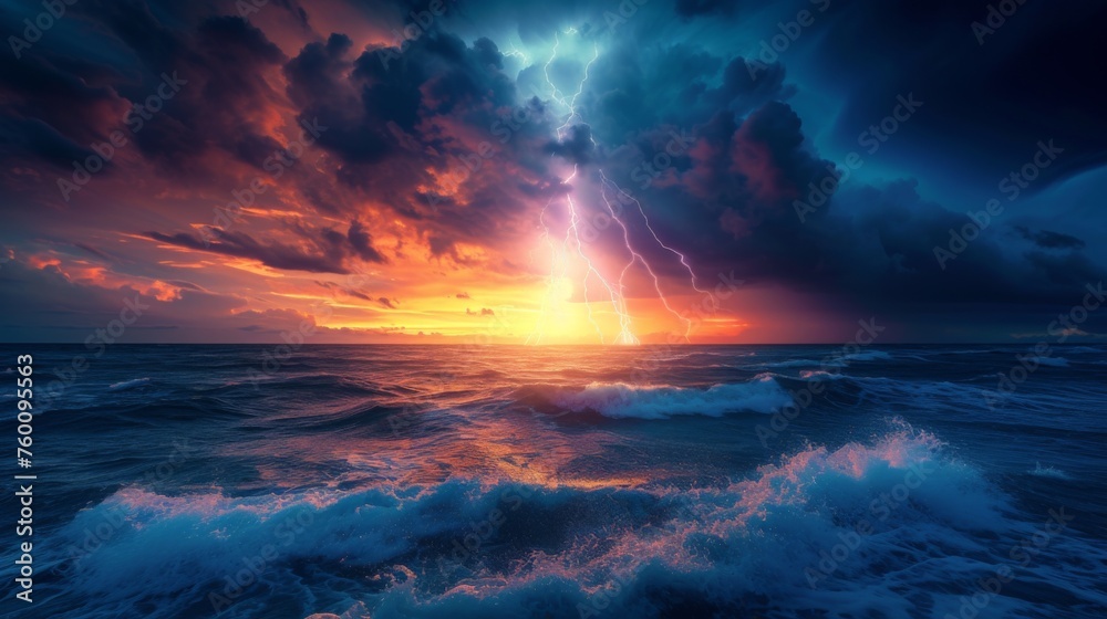 A breath-taking panoramic view showing the fury of an electric storm brewing over a wildly turbulent sea