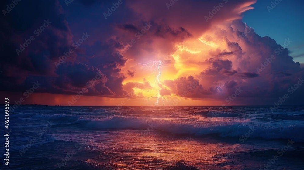 The grand spectacle of a vivid thunderstorm unfurling its might over the tumultuous waves of the raging ocean at dusk