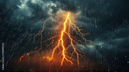 A powerful image capturing a fiery orange lightning bolt striking down amidst a fierce and heavy rainstorm