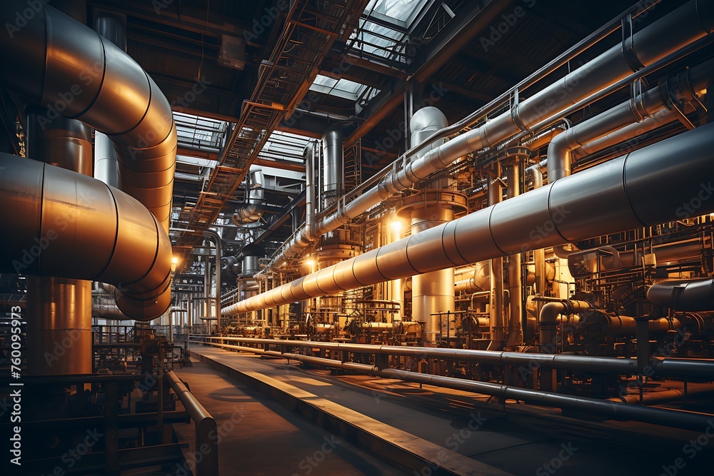 Industrial zone, Steel pipelines and cables in blue tones at a power plant Industrial zone, Steel pipelines and cables in blue tones at a power plant