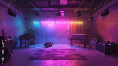 Complete setup of a modern music studio with various instruments illuminated by atmospheric neon lighting  perfect for recording and artistic expression