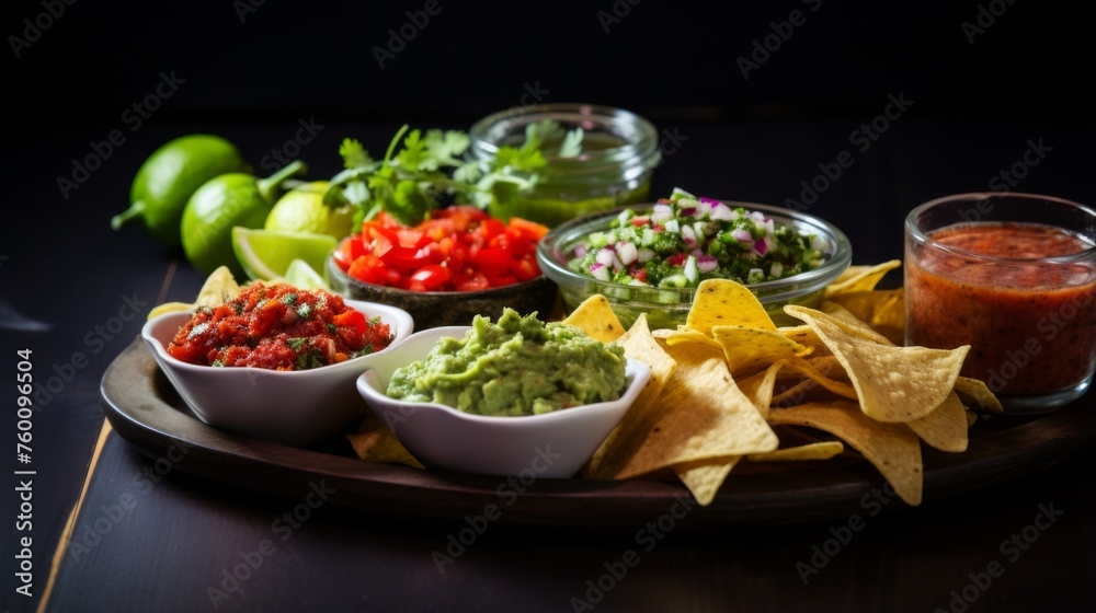 A vibrant still life of colorful Mexican food, featuring guacamole, salsa, and corn chips arranged neatly A vibrant still life of colorful Mexican food, featuring guacamole, salsa, and corn chips arranged neatly
