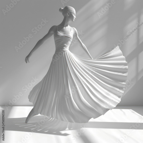 Elegant mannequin in flowy dress captures light and shadow  creating a serene dance