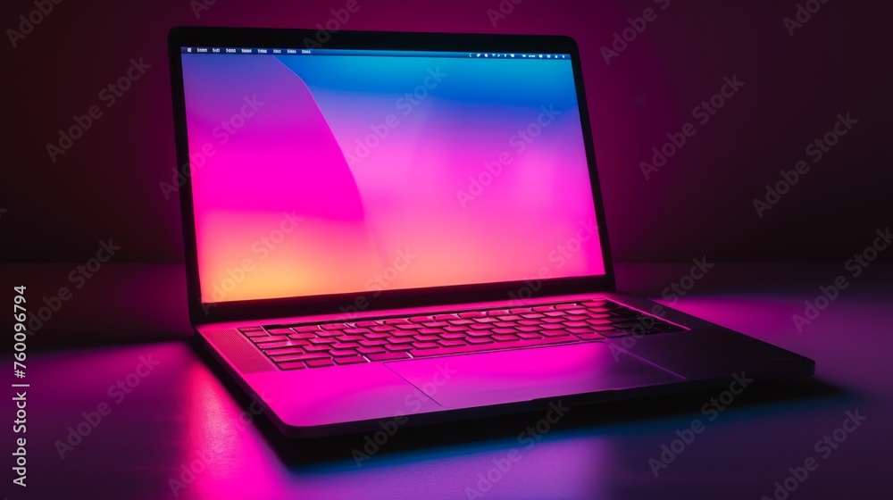 A modern laptop illuminated by a colorful neon glow reflects a contemporary aesthetic and technological theme A modern laptop illuminated by a colorful neon glow reflects a contemporary aesthetic and technological theme