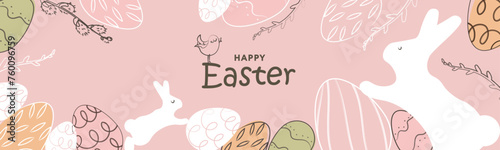 Happy Easter banner. Trendy Easter design with typography, hand painted strokes, eggs and bunny in pastel colors. Modern minimal style. Horizontal poster, greeting card, header for website © Anastasiya