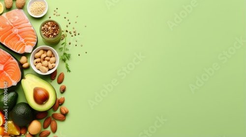 Fresh healthy food neatly arranged on a green background with space for text