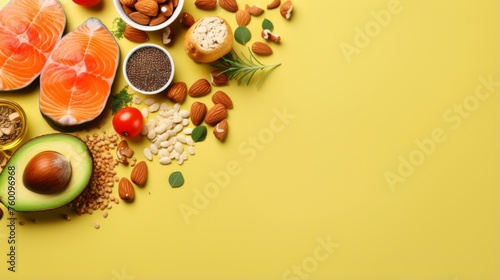 A vibrant flat lay of various health foods like salmon, nuts, and avocados on a bright yellow background photo