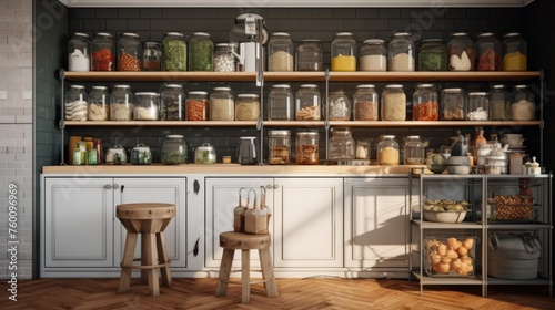 A cozy kitchen corner with sunrays illuminating jars containing various foods on shelves