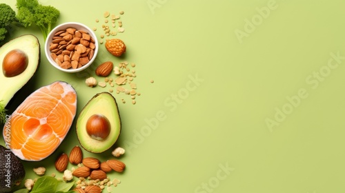 Showcasing a collection of healthy eats such as avocados and fish on a monochromatic green background