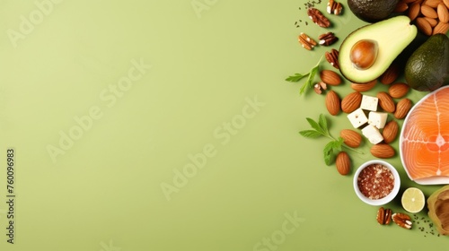A fresh display of food items rich in omega-3 and antioxidants on a solid green background