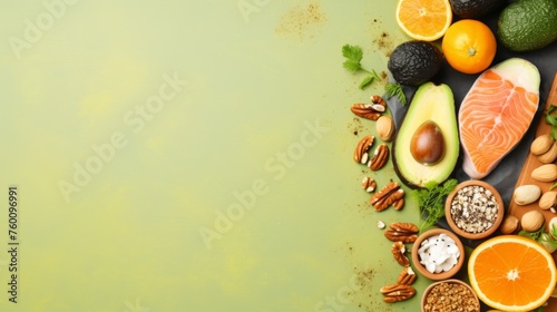 Wallpaper Mural Assorted fresh colorful healthy food ingredients on bright green background with copy space Torontodigital.ca