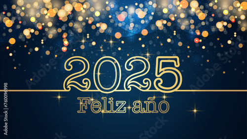 tarjeta o pancarta para desear un feliz año nuevo 2025 en oro sobre fondo azul con círculos y brillo dorado en efecto bokeh